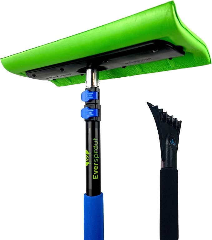 EVERSPROUT Never-Scratch SnowBuster and Ice Scraper 5-to-12 Foot (Up to 18 ft Standing Reach) | Pre-Assembled Extendable Roof Rake for Snow Removal | Lightweight Aluminum, Soft Foam Pad
