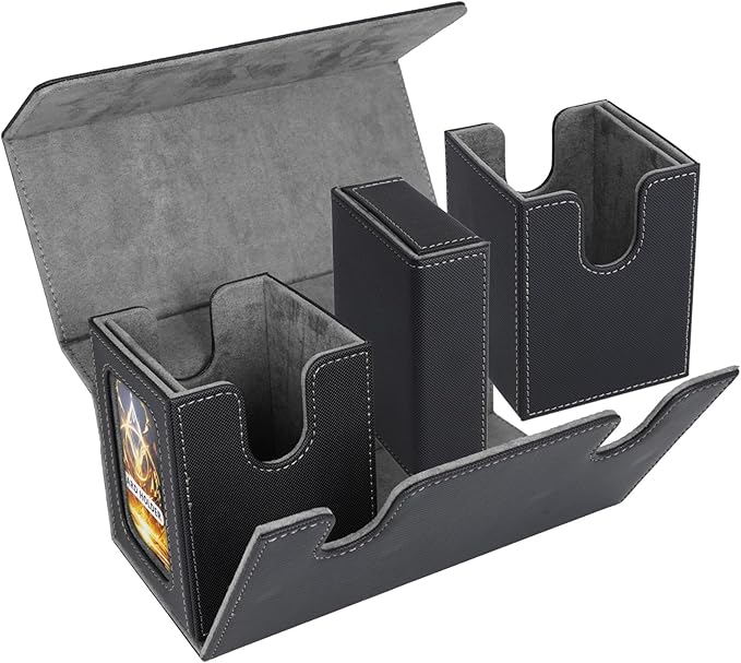 AFIING MTG Commander Card Storage Box - Fits 200 Double Sleeved Cards,3-in-1Card Deck Case,Strong Magnet Card Organizer For Magic Commander TCG CCG,4Dividers &2 Toploaders, Black/Grey