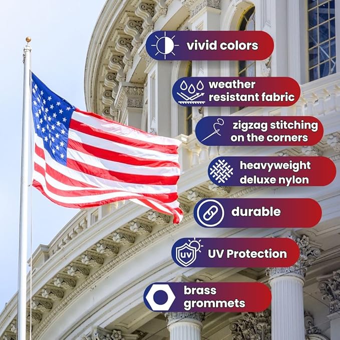 American Flag - Heavy-Duty US Flag - Embroidered Stars - Nylon USA Flag Built for Outdoors - Sewn Stripes - UV Protection - Brass Grommets (12x18 ft)