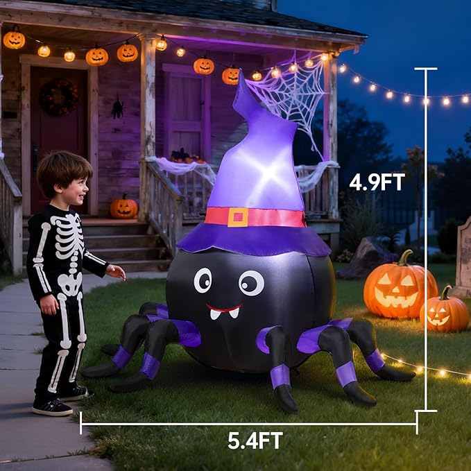 5FT Halloween Inflatable Spider with Witch Hat Outdoor Decoration, Blow Up Yard Inflatable Decorations with Built-in LED Lights for Garden/Lawn/Holiday/Home Party Decor