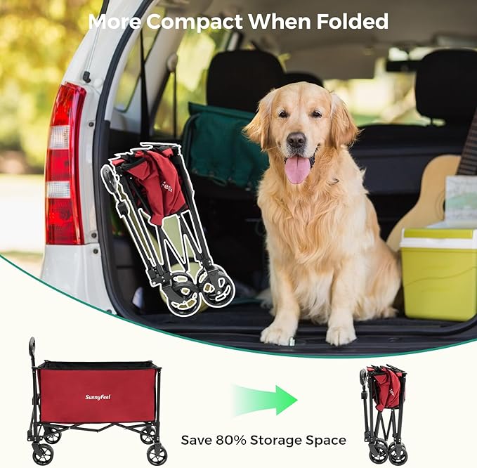 SUNNYFEEL Collapsible Wagon Cart with Wheels Foldable - 176lbs Standard Borderless Version Wagon Carts for Grocery Sports Garden Shopping Camping(Red, 164L)