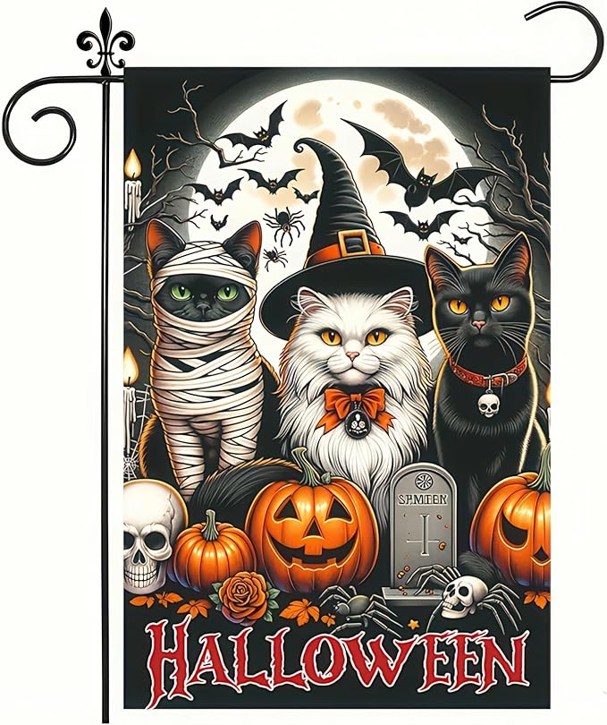 Halloween Garden Flag Double Sided 12x18 - Black Cat Spooky Themed Wall Art With Witch, Mummy, and Cats - Halloween Party Home Decoration and Seasonal Gifts - Lawn Yard Outdoor