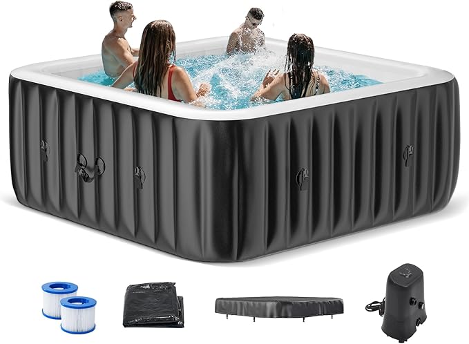 NAIZEA Inflatable Hot Tub - Outdoor Hot Tubs 2 to 4 Person, Portable Blow Up Spa Square Portable Hot Tub, 120 Soothing Bubble Air Jets, Cover, 2 Filter, 158 Gallon,57x57x25in