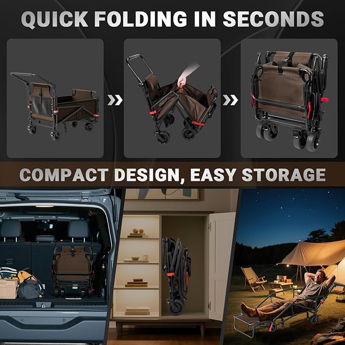 LEVELEVE Heavy Duty Folding Wagon-2-in-1 Collapsible Cart, 400lb Capacity, All-Terrain Wheels w/Brakes & Side Pockets
