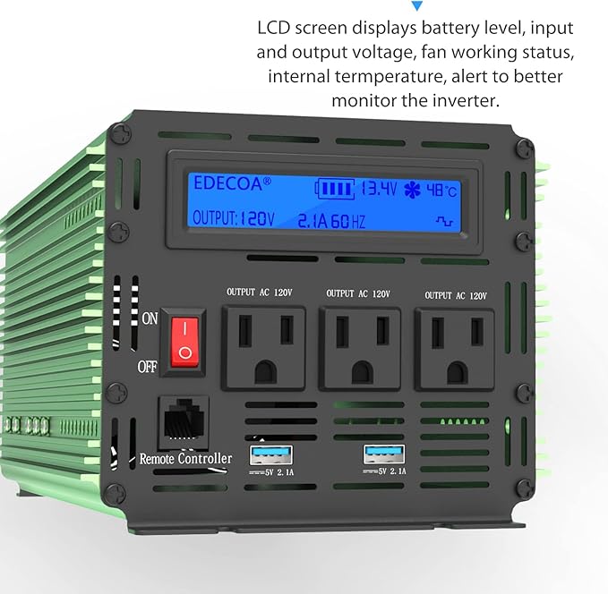 EDECOA 2000W Power Inverter 12V DC to 110V 120V AC 2000 Watts with Remote Control LCD Display USB 3 Outlets for Cars, Trucks, RVs, Rural Cabins