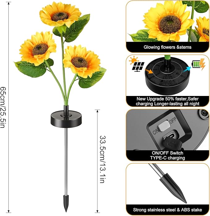 Solar Flowers Lights - Upgraded Outdoor Sunflowers Flowers Lights, Waterproof Outdoor Solar Lights for Garden, Patio, Backyard,Party and Office (Sunflowers, 2)