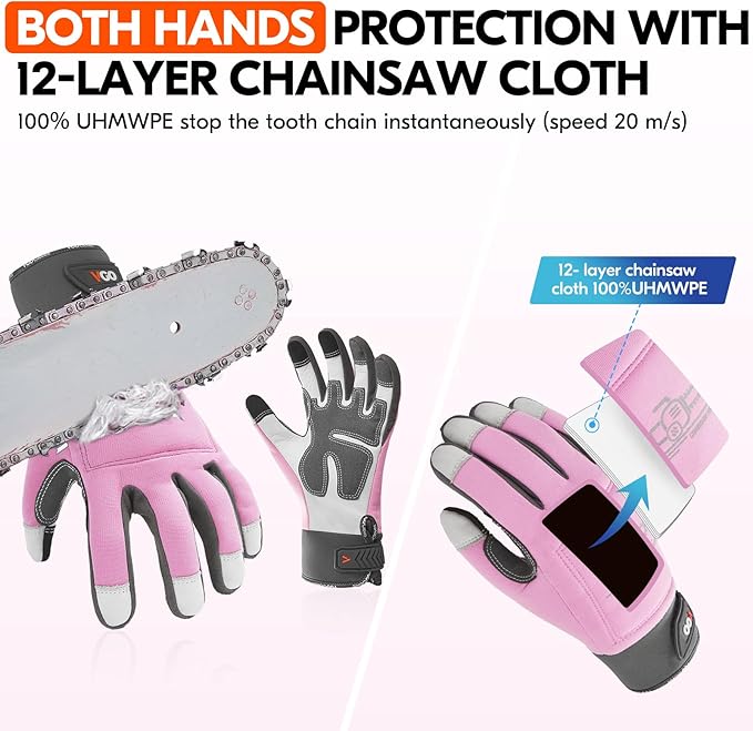 Vgo... Chainsaw Gloves,12-Layer Saw Protection on Left/Both Hand Back,Cow Leather Gloves,Touchscreen