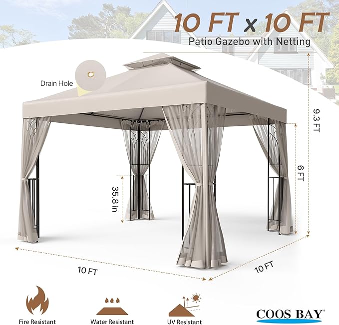 COOS BAY 10x10 Outdoor Patio Gazebo with Netting and Corner Shelves, Two-Tier Soft Top Canopy for Backyard, Lawn, Deck and Garden, Beige
