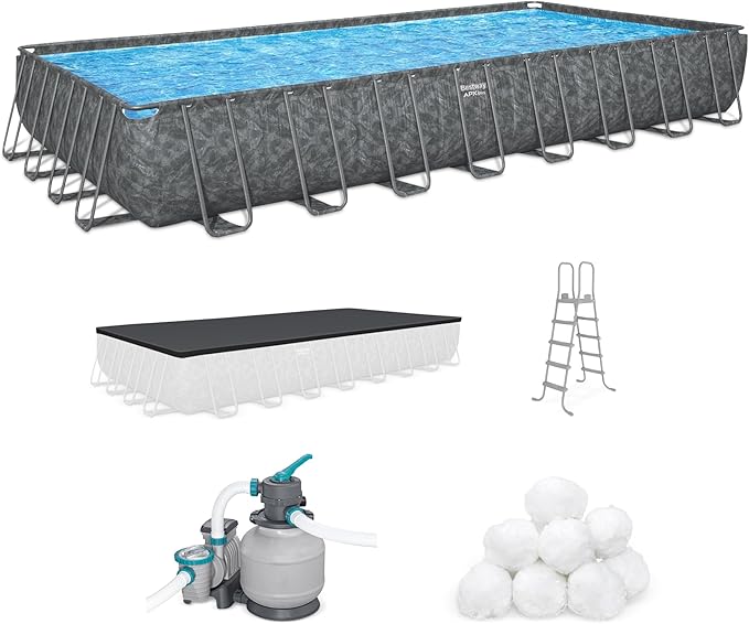 Bestway APX 365 Rectangular Swimming Pool Above Ground Outdoor Backyard Framed Pool Set with Sand Filter Pump, Ladder, and Cover, 31'4" x 16' x 52"