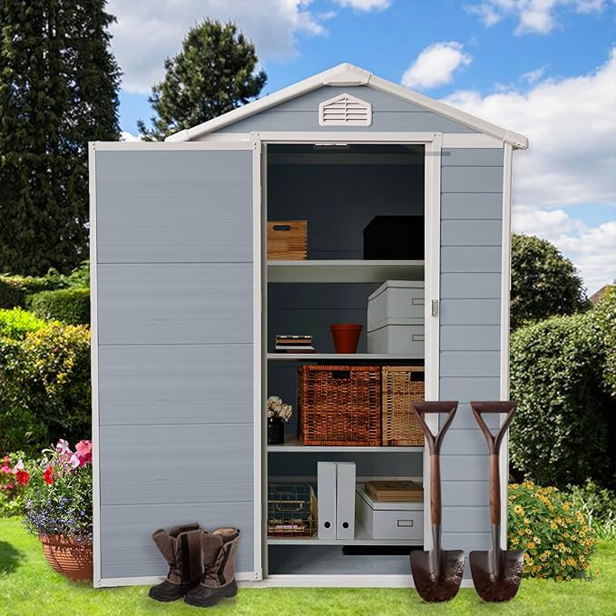 JT 4×6ft Resin Outdoor Storage Shed,Outdoor Storage Shed with Floor & Window to Store Patio Furniture, Garden Tools Bike Accessories, Beach Chairs and Lawn Mower. (4ft×6ft)