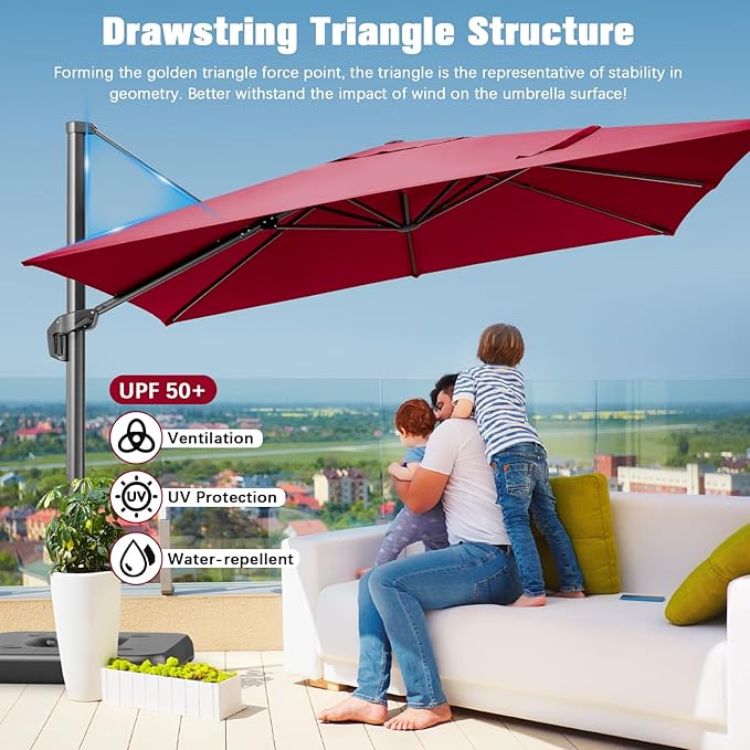 Hotime 10ft Patio Umbrella Outdoor Patio Windproof and Height adjustable, Heavy Duty Aluminum Square Offset Patio Umbrella Cantilever Pool Umbrella with 360°Rotation for Garden Deck Pool, Wine Red