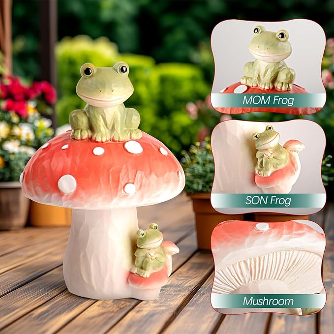 Frog Garden Decor Outdoor Statues, Mushroom Home Decor with Frog Figurines Outdoor Fairy Gardens Accessories Lawn Ornaments, Cute Garden Statues for Outside Yard Lawn Planters Art Decorations Gifts