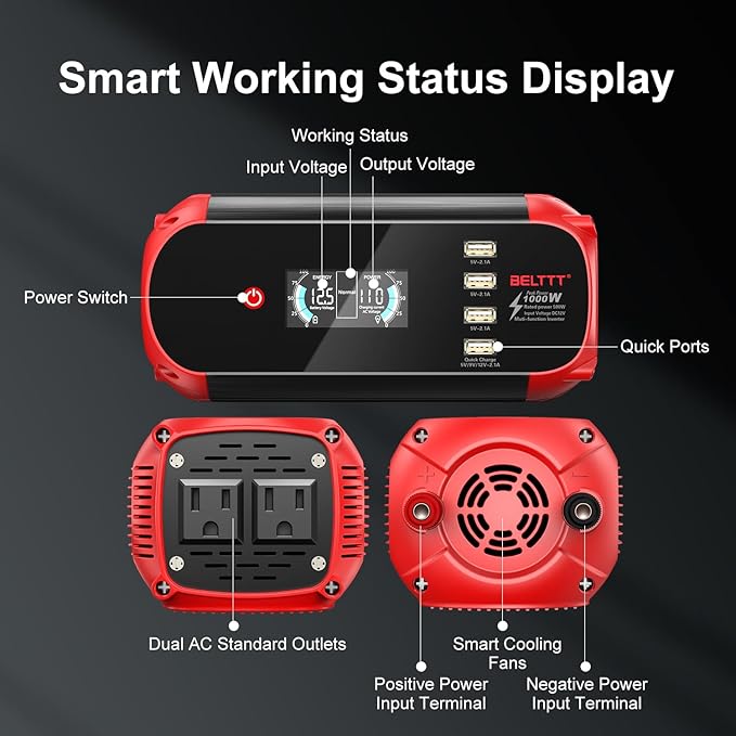 BELTTT 500W Car Power Inverter, DC 12V to 110V AC Power inverters for Vehicles with 2 AC Outlets, 4 USB Ports and LCD Digital Display, Car Plug Adapter Outlet Converter