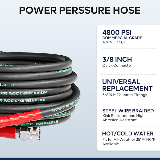 3/8" Pressure Washer Hose 25FT 4800PSI, with M22 14 mm to 3/8 Inch Quick Connect, Kink Resistant Industry Grade Steel Wire Braided Synthetic Rubber Jacket with 2 M22 14mm Adapter Set
