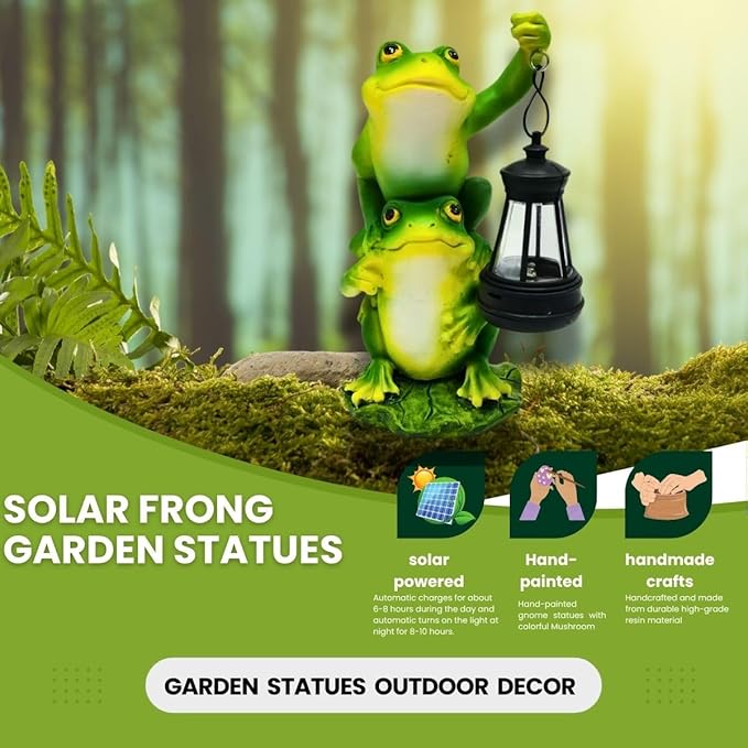 Solar Garden Statues Outdoor Decor-Frog Statue with Solar Lantern-Fairy Garden Outdoor Decor Art for Patio,Yard,Lawn Ornament,Unique Birthday House Warming Gifts for Women,Mom,Dad
