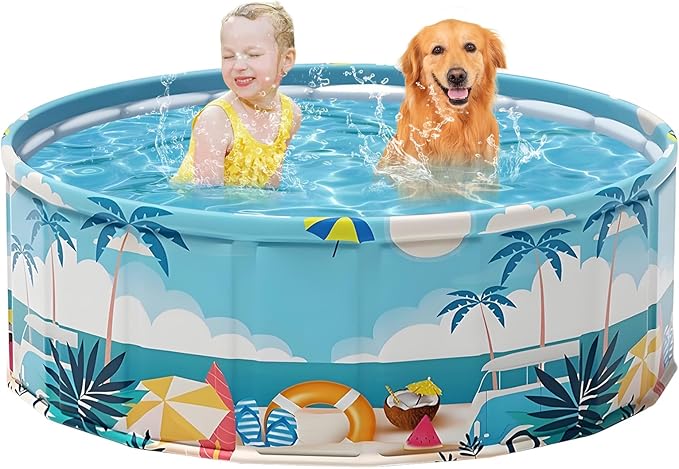 Foldable Swimming Pool for Kids 48"x18" Hard Plastic Portable Dog Pool Anti-Slip Collapsible Pets Bathtub Kiddie Pool Indoor Outdoor Backyard (Beach Party 48'')