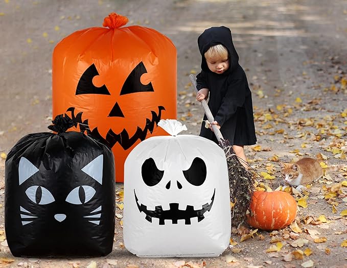 Giiffu 9-Pack Halloween Leaf Bags with Twist Ties – Heavy Duty Pumpkin Yard Waste Bags for Lawn, Garden, Porch, Indoor & Outdoor Halloween Decorations