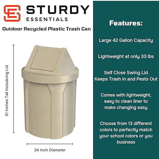 42 Gallon Round 100% Recycled Plastic Indoor or Outdoor Commercial Trash Can with Easy Access Swing Top Lid | Great for Schools and Businesses - Beige Granite