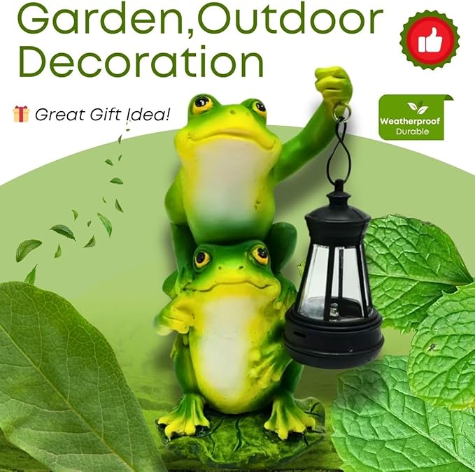 Solar Garden Statues Outdoor Decor-Frog Statue with Solar Lantern-Fairy Garden Outdoor Decor Art for Patio,Yard,Lawn Ornament,Unique Birthday House Warming Gifts for Women,Mom,Dad