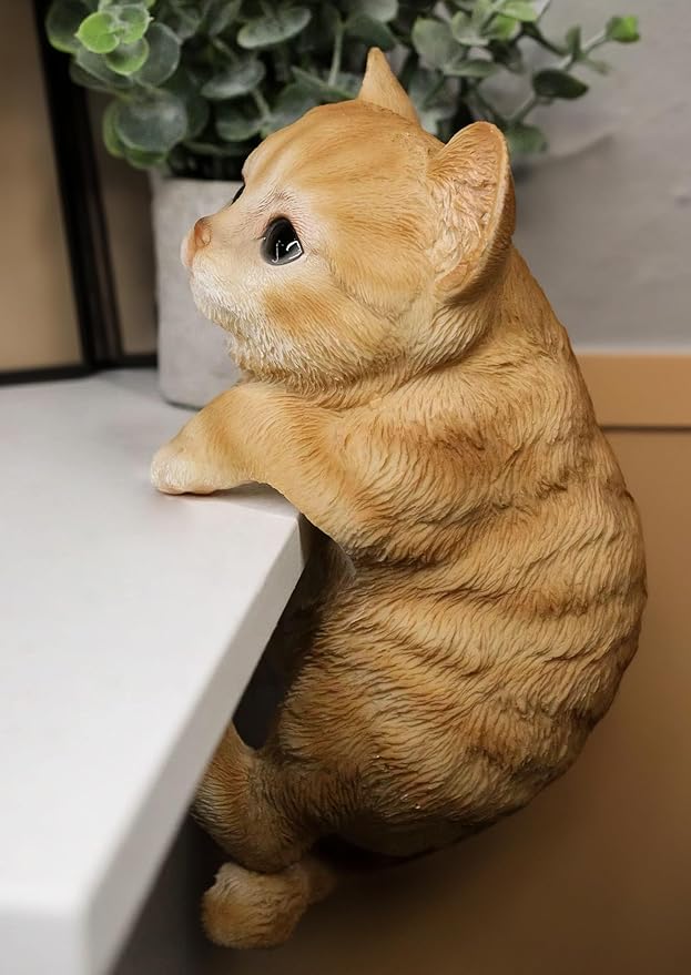 coolboy Hanging Cat Statue Garden Patio Decor,Lifelike Orange Tabby Cat Figurine Kittens Outdoor Statue Decor,Pot Pal Hanging Animal Resin Cat Figurine for Cat Lovers