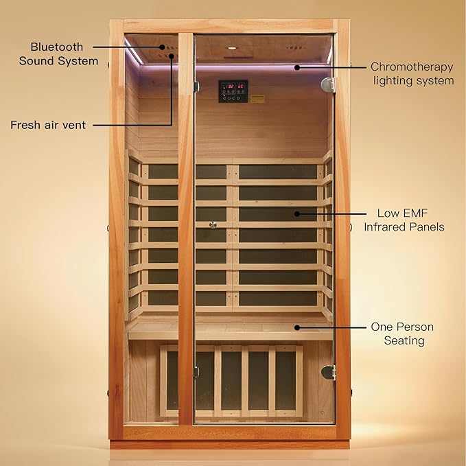 1 Person Far Infrared Sauna for Home, Low EMF Sauna Heater, Chromotherapy Lighting, Premium Wood Home Sauna for Meditation and at Home Spa Relaxation, 1510W/120V (1 Person)