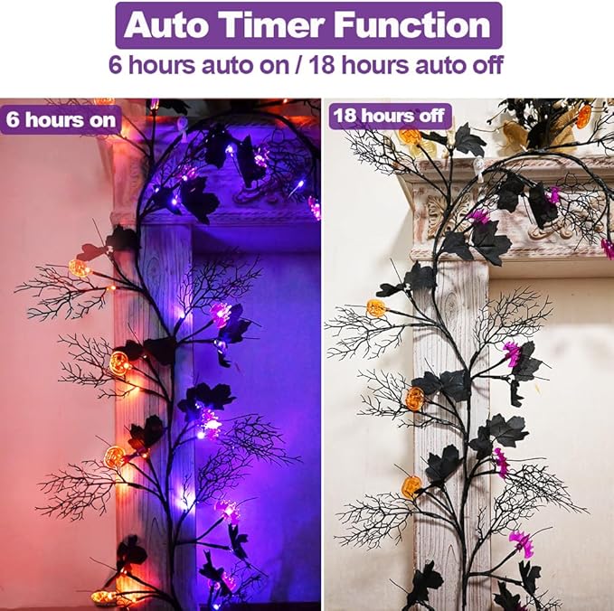 Halloween Decor Lights 8.86FT 72 LED Willow Vine Twig with Timer Battery Operated Garland Lights with Orange Pumpkins Purple Bats and Black Dead Branches Indoor Halloween Decorations for Home