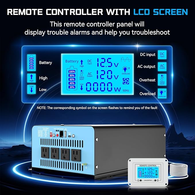 New Upgraded 1500 Watts Pure Sine Wave Inverter, 12V DC to 110V AC Power Inverter with 4 AC Outlets, USB Port, Type-C Port for Truck, Vehicle, Power Outage, Remote Control with LCD Screen