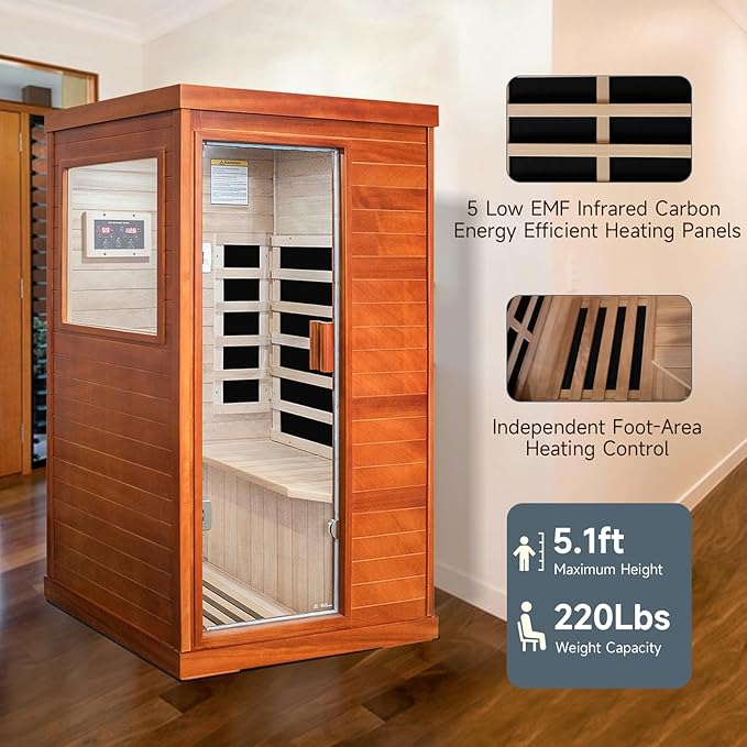 Far Infrared Sauna for Home Dry Sauna for Home Wood Sauna Room 1 Person Infrared Sauna Indoor One Person Sauna Low EMF Okoume Wood Sauna with Control Panel, Speakers and Tempered Glass Door