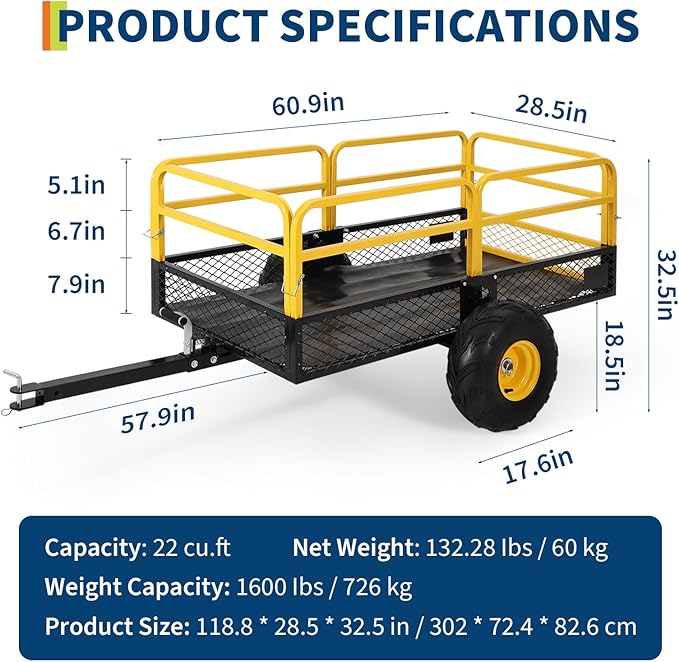GarveeLife Lawn Mower Trailer ATV Dump Cart Tow Behind, 1600 Lb Utility Garden Cart, 22 Cu.Ft, Heavy Duty Steel Garden Utility Trailer with Removable Sides for Atvs, Utvs Lawn Garden Tractors