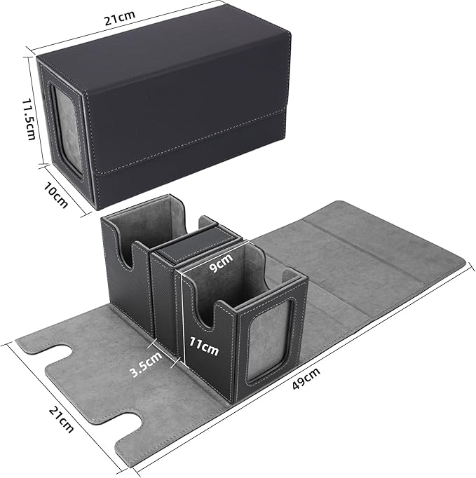 AFIING MTG Commander Card Storage Box - Fits 200 Double Sleeved Cards,3-in-1Card Deck Case,Strong Magnet Card Organizer For Magic Commander TCG CCG,4Dividers &2 Toploaders, Black/Grey