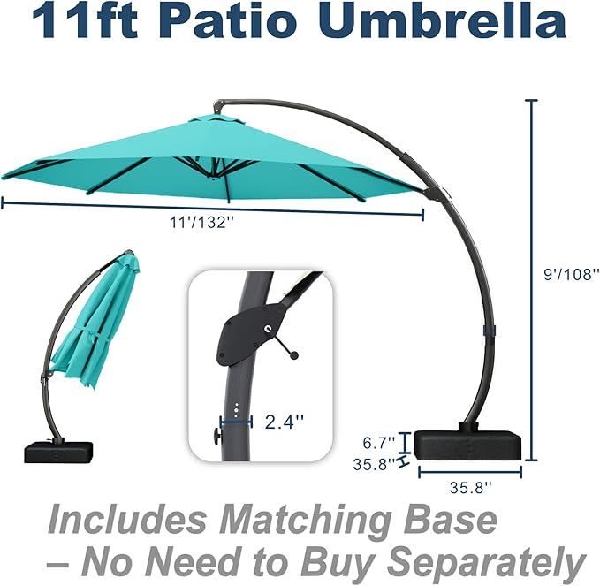 11FT Cantilever Umbrella with Base Large Curvy Outdoor Aluminum Offset Umbrella w/ 360° Rotation, UV Resistant Canopy for Patio, Garden, Backyard, Aqua Blue