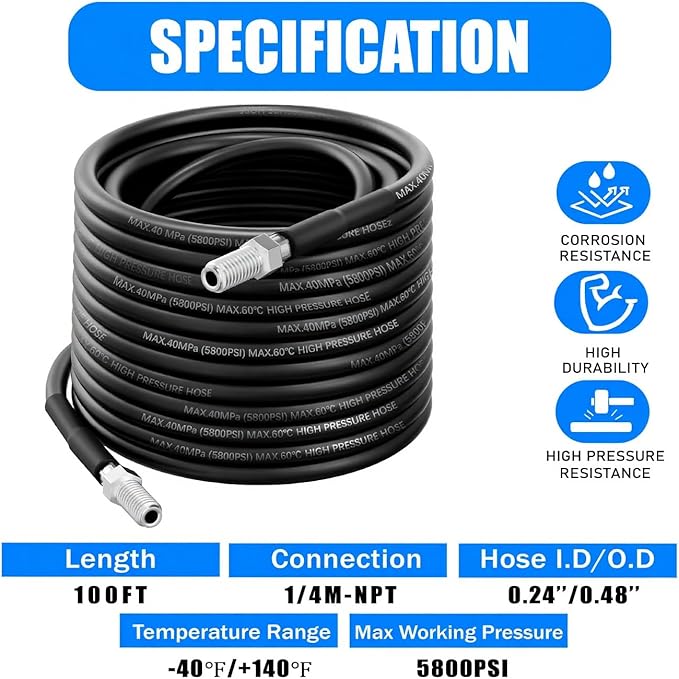 Sewer Jetter Kit for Pressure Washer 100FT, 5800PSI Water Jet Drain Cleaner Hose with 4 Sewer Jetting Nozzles, 1/4 Inch NPT Corner, Waterproof Tape and Handle Strap
