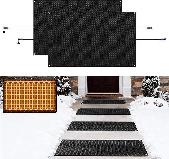Snow Melting Mats Outdoor for Entrances, 30 x 48 in 2 Pack No-Slip Rubber Heated Outdoor Mats with 10 ft Power Cord, 3 in/h Speed Snow and Ice Melting Pads for Winter Roofs, Backyards Snow Removal
