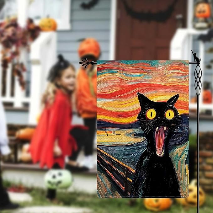 Scream Black Cat Garden Flag Halloween Garden Flag Vertical Double Sided Rustic Farmland Burlap Yard Lawn Outdoor Decor 12.5x18"