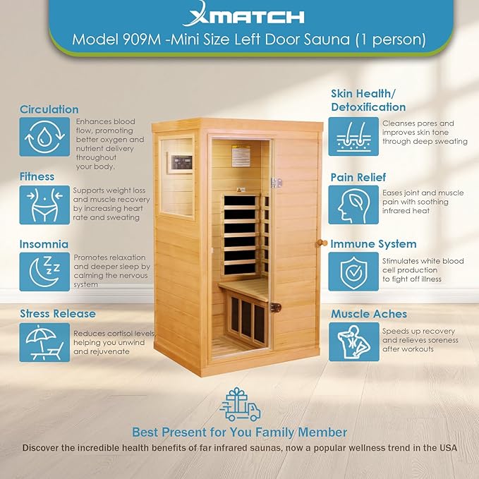 Saunas 909Mini Far Infrared Sauna, Indoor Dry Sauna (Hemlock Wood, 1 Person Mini Size Left Door)