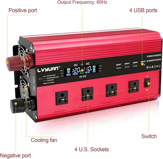 LVYUAN Power Inverter with 4 AC Outlets, LCD Display, Wireless Remote Control, Car Power Inverter for Car, RV, Truck, Off Grid Solar System, Camping (Red, 12V-2000W)