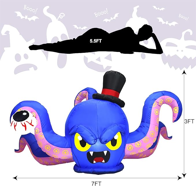 7FT L x 3FT H Halloween Inflatable Octopus Catching Eyeball Halloween Inflatable Giant Sea Monster with Build-in LED Lights, Blow up Halloween Outdoor Indoor Decorations Large Party Yard Decoration