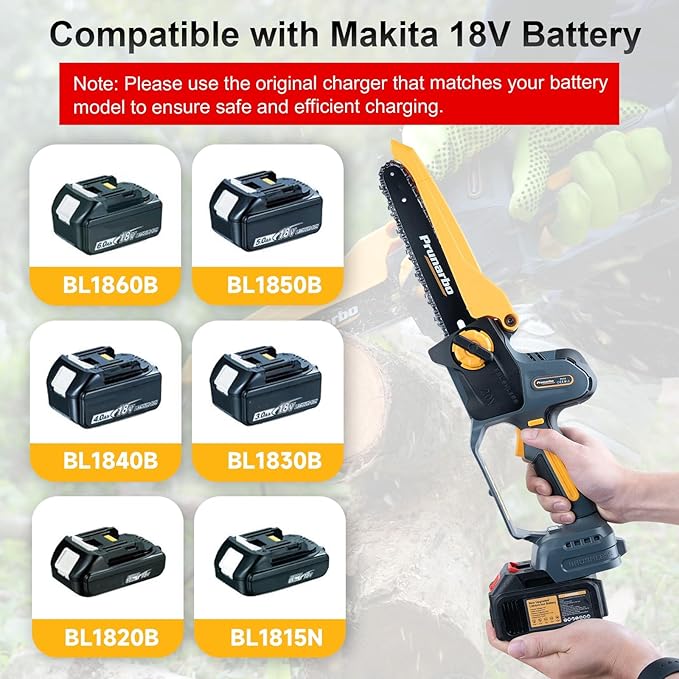 Mini Chain Saw Battery Powered 8 Inch, Hand Held Small Electric Chainsaw Cordless Compatible with Makita 18V Batteries Auto Oiler 8000mAh Lithium Cell for Tree Branch Wood Cutting PR-E8