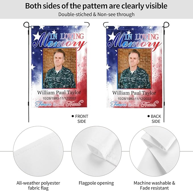 Custom Memorial Flag Personalized Garden Flag for Cemetery in Loving Memory with Photo Name Date Memory Garden Flags For Loss of Loved One Lawn Outdoor Double Sided Yard Flags (Memorial Funeral Flags 3, 28x40(in))