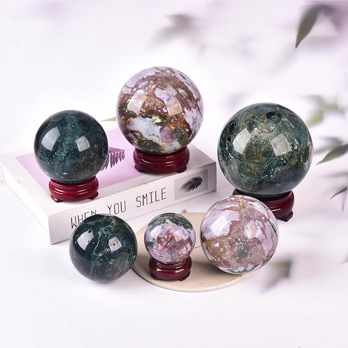 JIC Gem Large Healing Crystal Sphere with Stand Ocean Jasper Crystal Gemstone Decorative Ball for Home Decor Altar Reiki Healing Gift 90-100mm