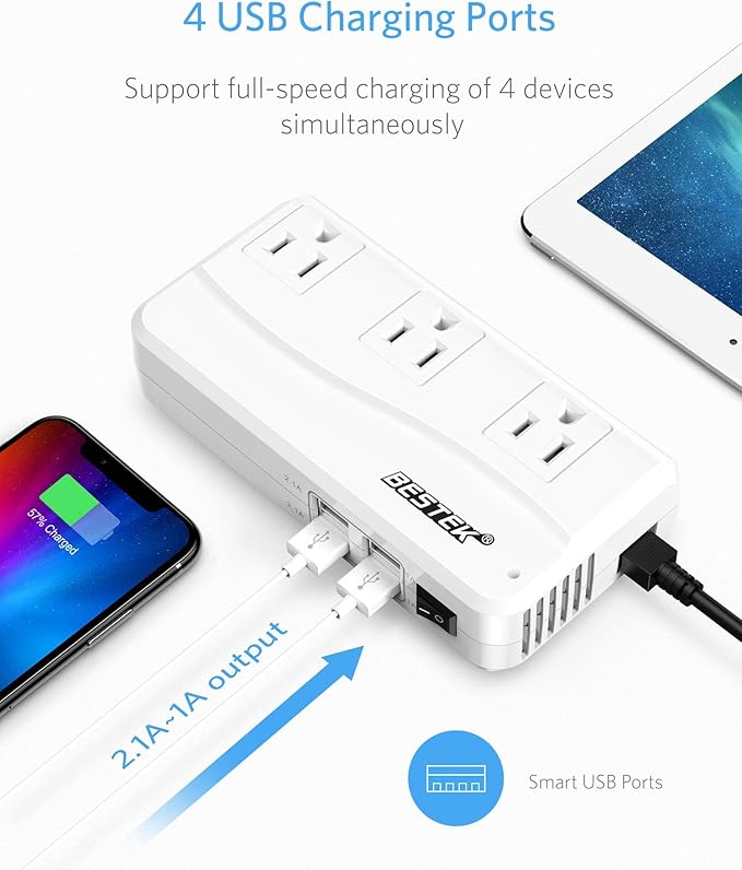 BESTEK 200W Power Inverter DC 12V to 110V AC Inverter with 4.2A 4-Port USB Car Adapter [ETL Listed]
