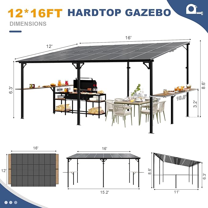 MEISSALIVVE 12' x 16' Wall Mounted Gazebo, Outdoor BBQ Grill Gazebo with Side Shelf, Lean to Metal Awnings with Sloped Roof, Heavy Duty Pergola for Backyard, Deck, Black