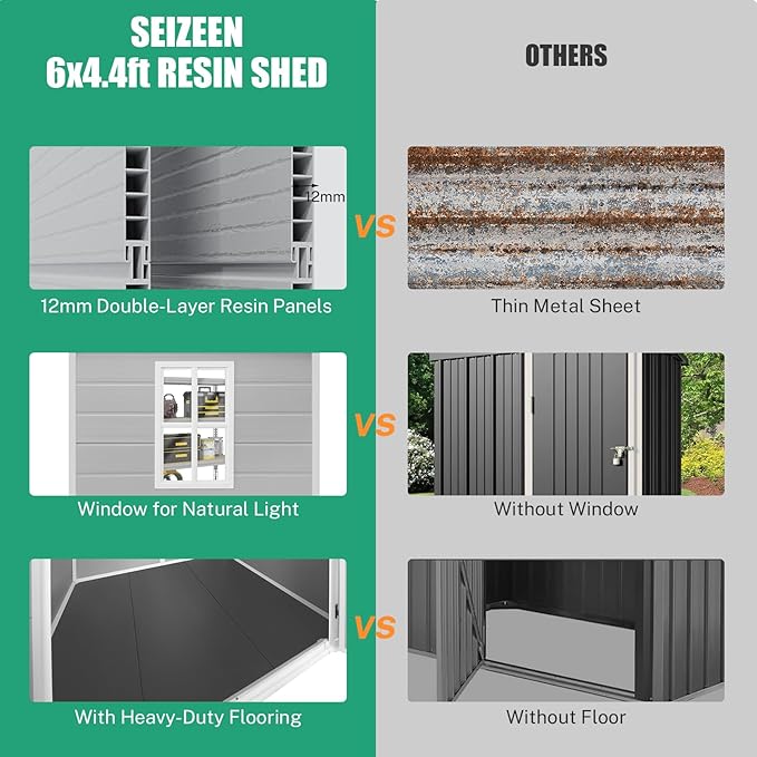 Seizeen 6x4.4ft Resin Shed with Floor, Waterproof Outdoor Plastic Shed w/Lockable Doors, Window & Vents, Outdoor Storage Shed for Storing Lawn Mower, Patio Furniture, Tools, Bike (Light Gray)