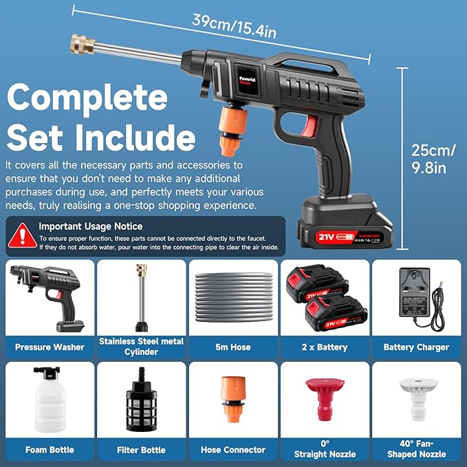 Cordless Pressure Washer Gun, 1500W Portable Battery Power Washer, 60Bar/870 PSI Electric Pressure Washer Handheld High Pressure washers with Nozzles, 2 Battery, 5m Hose Cordless Jet Washers