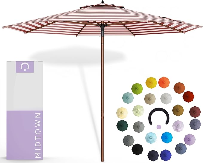Midtown Umbrellas The Wooden 10 Feet Patio Umbrella With Terylast Red Stripes (Red/White Stripes) Polyester Fabric - Aluminum Frame Market Umbrella For Backyard, Deck, Garden, Pool - Wooden Pole