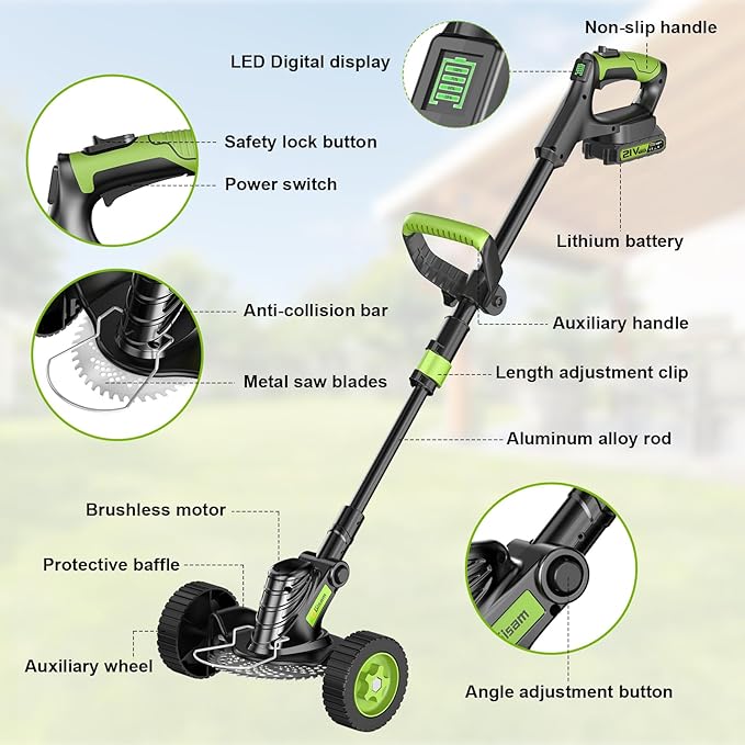 Weed Wacker Cordless, Gisam Brushless String Trimmer with 2 X 2.0Ah Battery, 8" Electric Grass Cutter, 3 in 1 Weed Eater with 3 Types Blade & Wheels for Garden/Lawns