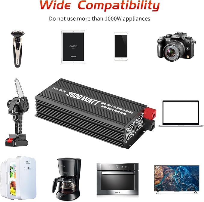 Power Inverter 3000 Watt, Power Converter 3000W DC 12V to 110V AC Car Inverter with 2.4A USB Ports 3 AC Outlets, Black