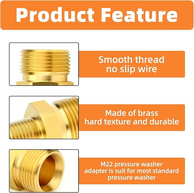 GASHER 2Pcs Brass M22 Pressure Washer Fitting,M22-14mm Male x 1/4"NPT Male Thread Fittings,For Pressure Washer Hose