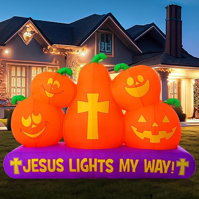 Chivao 5 ft Halloween Christian Inflatable Pumpkins Decoration for Outdoor Jesus Lights My Way Inflatable Pumpkins Trunk or Treat Blow up Yard Decor Halloween with LED for Garden Lawn Holiday Decor