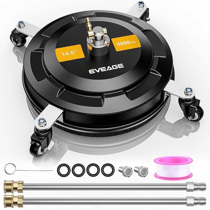 EVEAGE 14.5" Pressure Washer Surface Cleaner, Upgraded Stainless Steel Pressure Washer Accessories with 4 Weels & 1/4" Quick Connector, 4,000 PSI Power Washer for Driveways Sidewalks Patios Cleaning